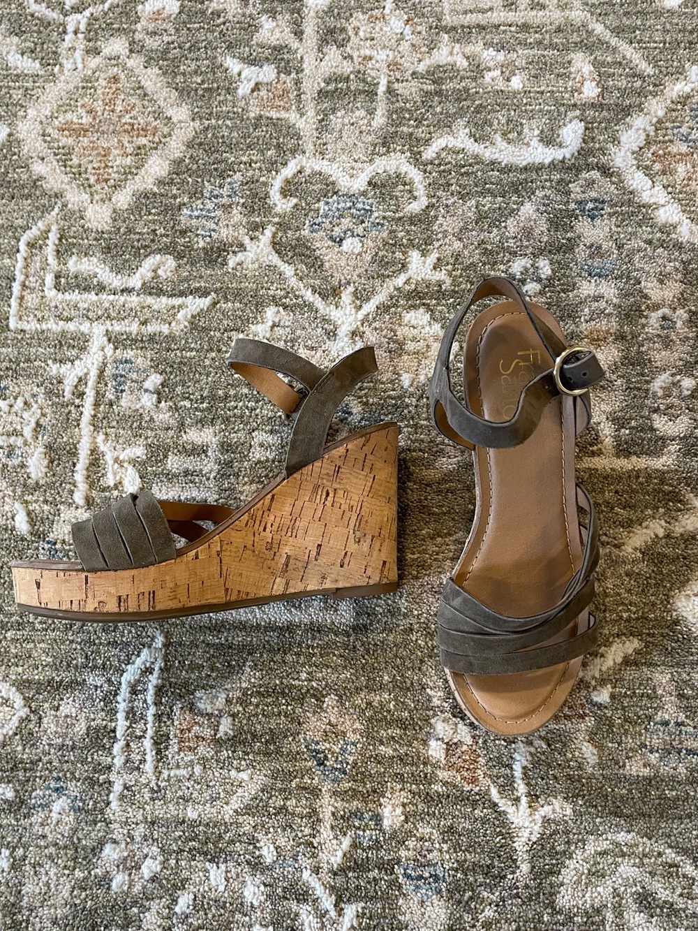 Franco Sarto Taupe Suede Cork Wedge Sandals